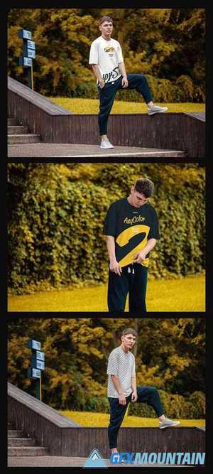 3 Oversized T-Shirt Mockups with Model Outdoors in Autumn 382472432