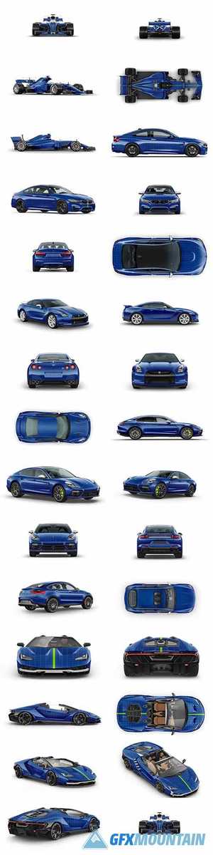 Big Pack with Cars Mockup Formula 1, BMW M4, Nissan GTR, Porsche Panamera 4 E-Hybrid, Coupe Crossover SUV Mockup