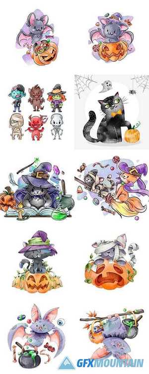 Happy Halloween holiday collection watercolor illustrations