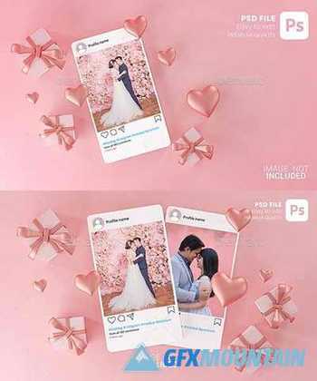 Instagram Post Mockup Template Valentine Wedding Love Heart Shape and Gift Box 3D Rendering 30090323