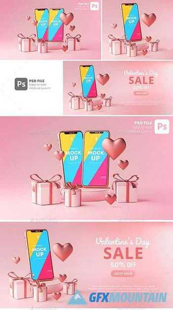 Smartphone Mockup Valentine Day Sale Love Heart Shape and Gift Box 3D Rendering 30090503