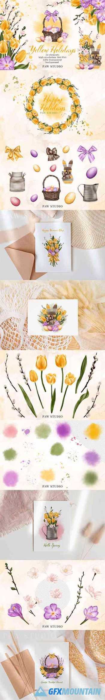 Easter Spring Clipart Yellow Tulips Willow Twigs Basket Eggs - 1187914