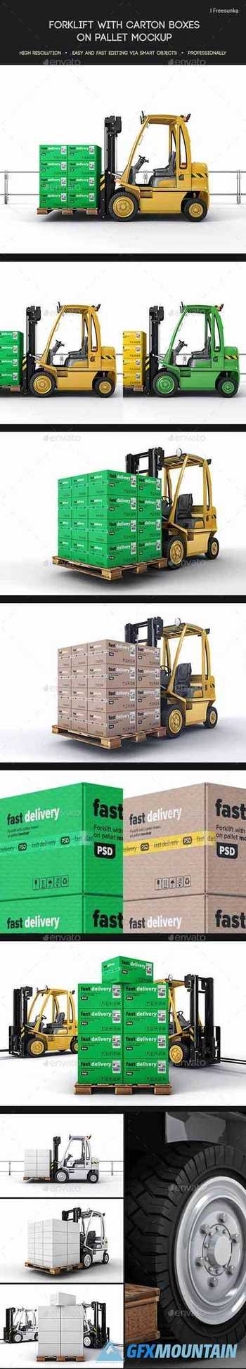 Forklift With Carton Boxes On Pallet Mockup