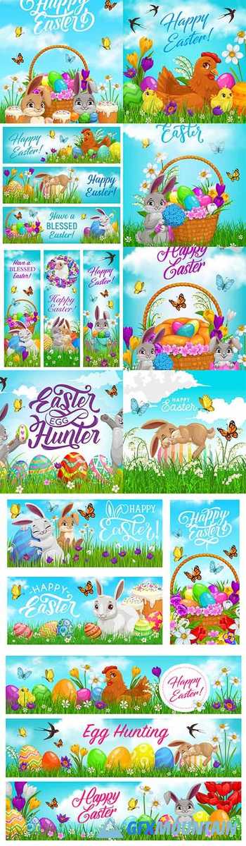 Happy Easter holiday basket for eggs and cartoon rabbits