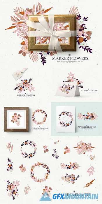 Marker Flowers - hand drawn floral clipart