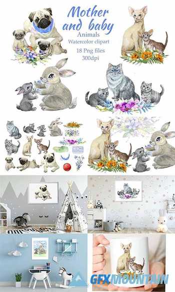 Mother and baby animals, watercolor clipart,Mothers day