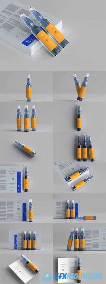 Glass ampoule vaccine with bi-fold brochure and box mockup