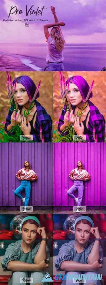 10 Pro Violet Photoshop Actions, ACR, LUT Preset 