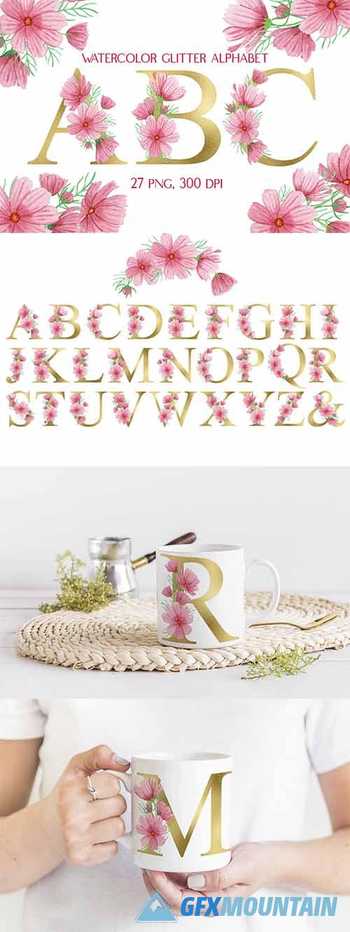 Gold Floral Alphabet Pink Flowers Watercolor Clipart