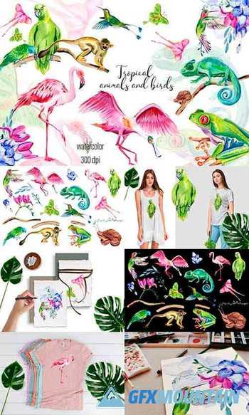 Tropical jungle animal collection flamingo, butterfly - 1352595