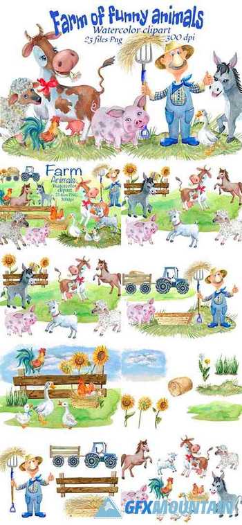 Farm animals watercolor Clipart - 1286223