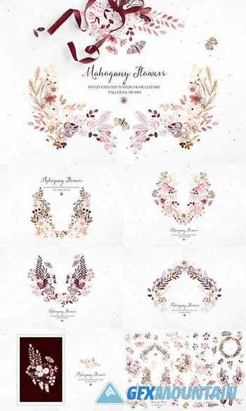 Mahogany Flowers - watercolor clipart and frames