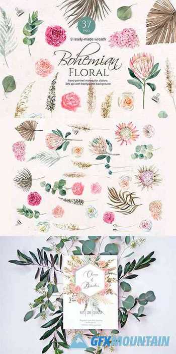 Boho Watercolor Floral Clipart 