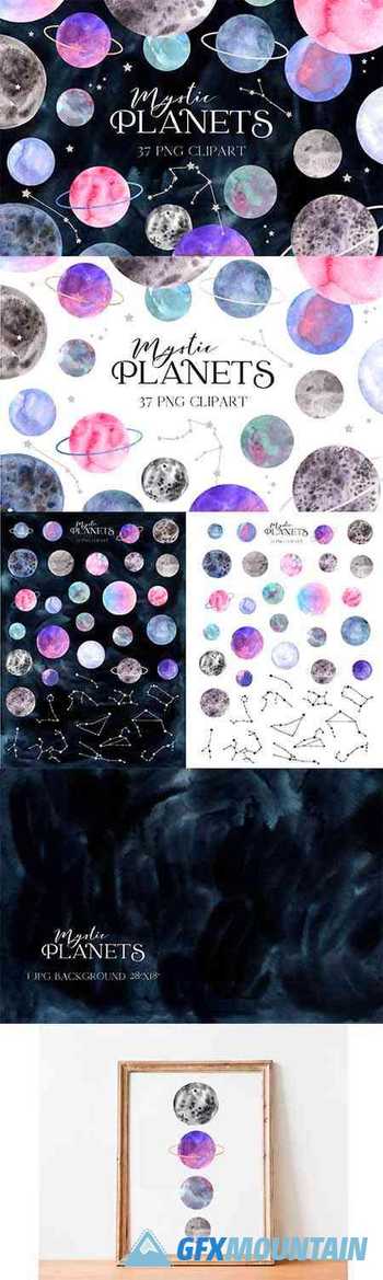 Space Planet Clipart. Watercolor planets and zodiac constell