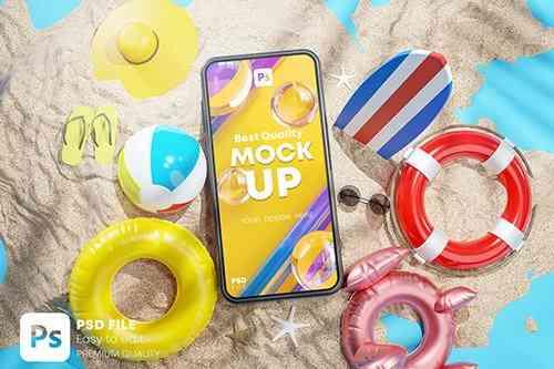 Phone Mockup Between Summer Beach Accessories 3D