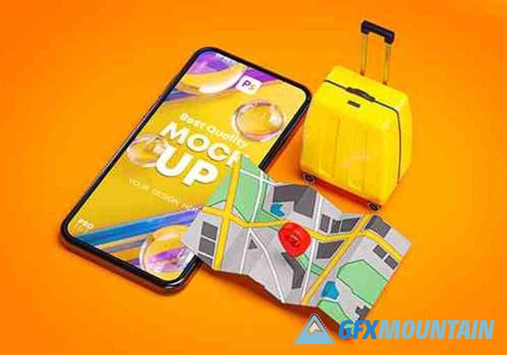 Phone Mockup Yellow Suitcase and Red Pin Map 3D