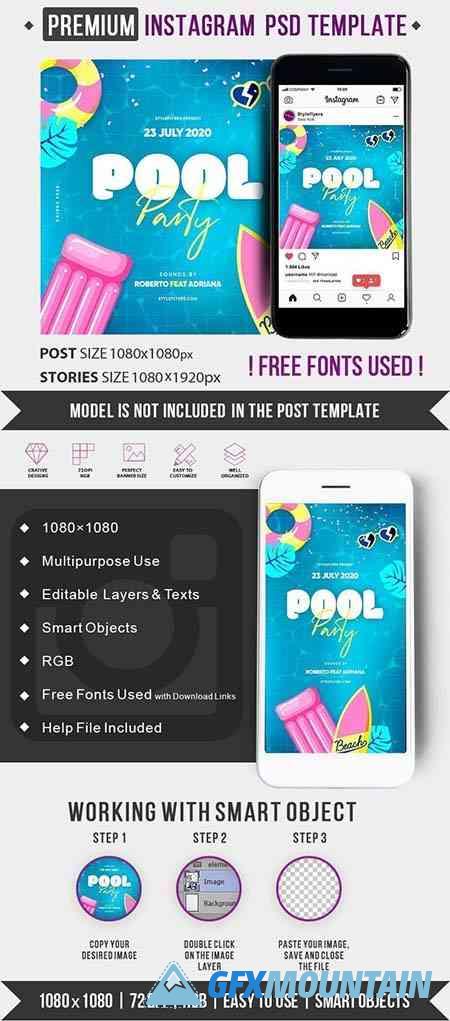 Pool Party Instagram Post and Story Template PSD