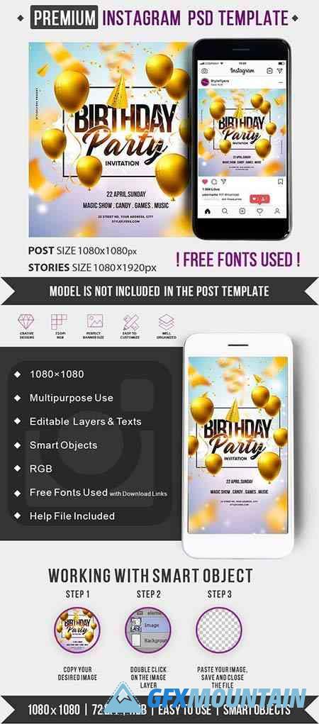Birthday Party Invitation PSD Instagram Post and Story Template