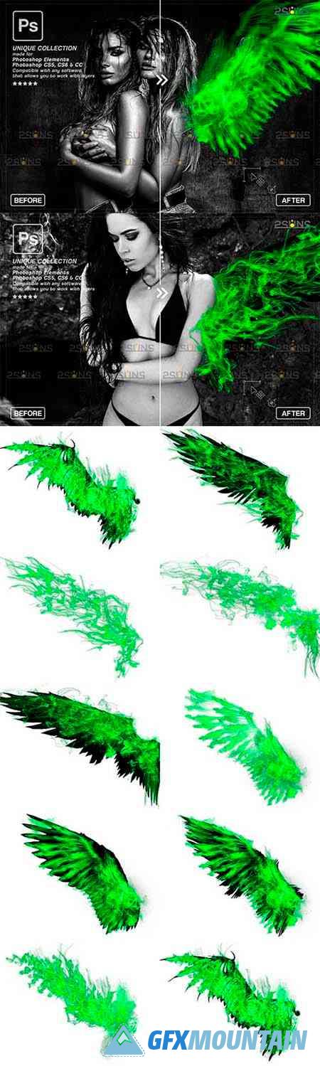 Green Fire wings overlay & Halloween overlay, Photoshop overlay