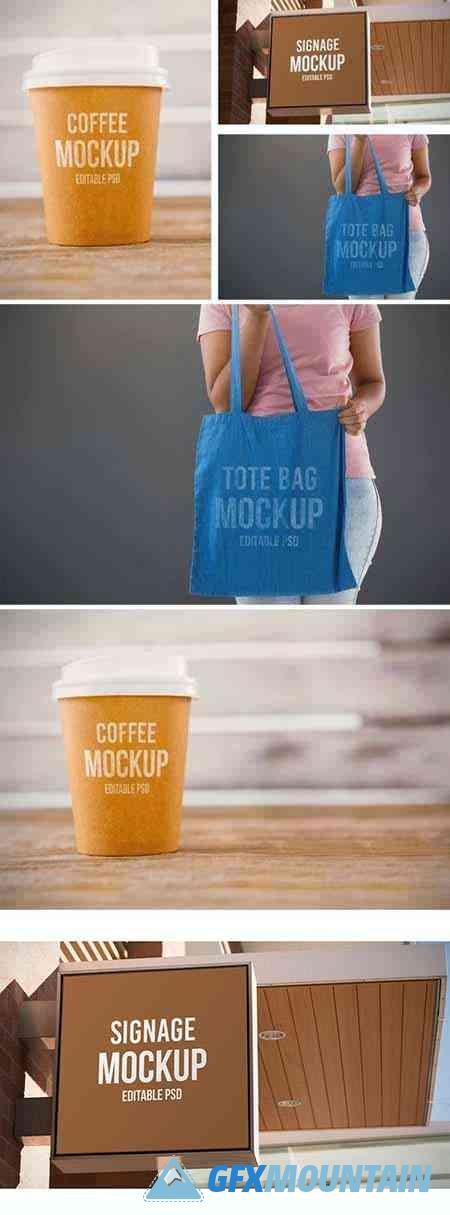 Coffee Cup, Signage, and Bag Mockups