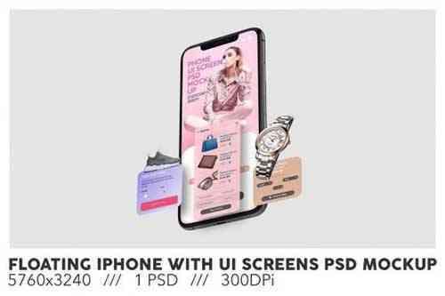 Floating iPhone With UI Screens PSD Mockup