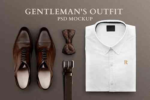 Men outfit mockup psd folded shirt belt leather shoes