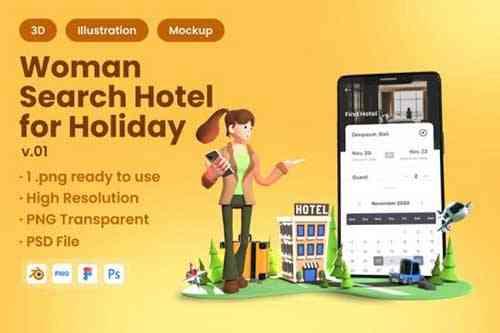3D Woman Searching Hotel for Holiday
