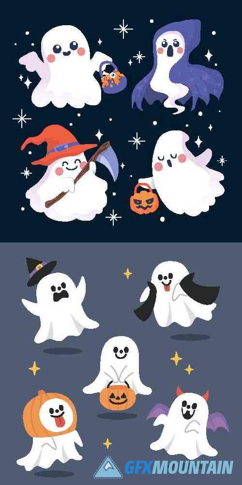 Hand-drawn flat halloween ghosts collection