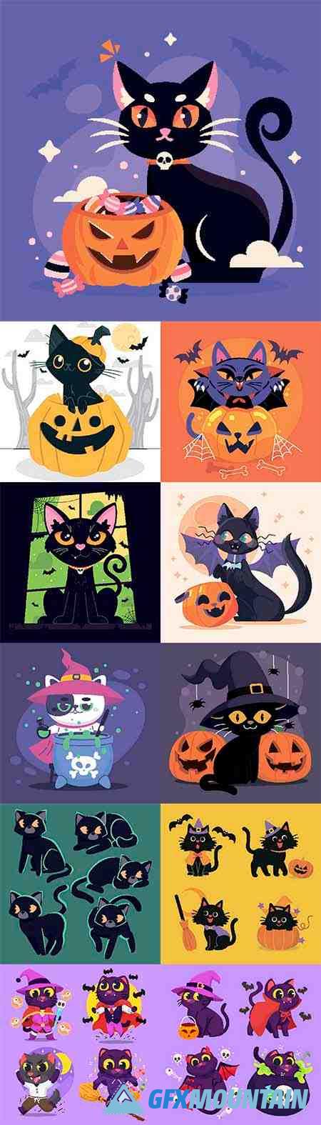 Hand-drawn flat halloween cats illustrations