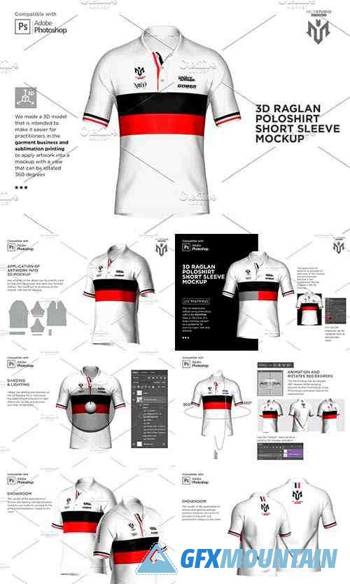 3D Raglan Polo shirt SS Mockup 6453754