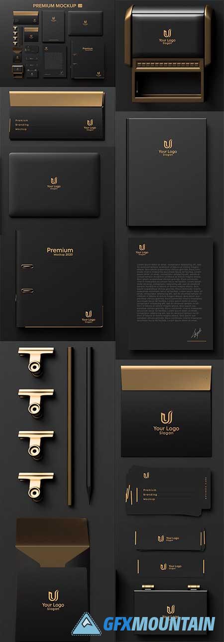 Premium Dark And Gold Stationery Branding PSD Mockups Templates 