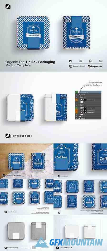 Organic Tea Tin Box Packaging Mockup 5340759