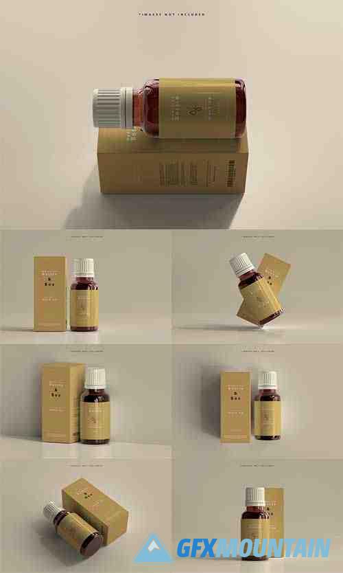 Amber glass medicine bottle and box mockup