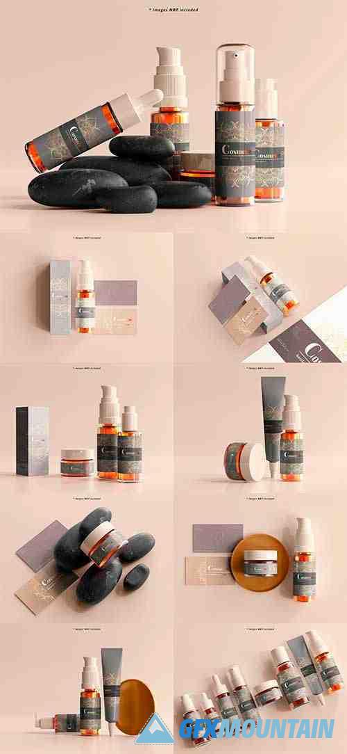 Cosmetic spray bottle and stationery mockup