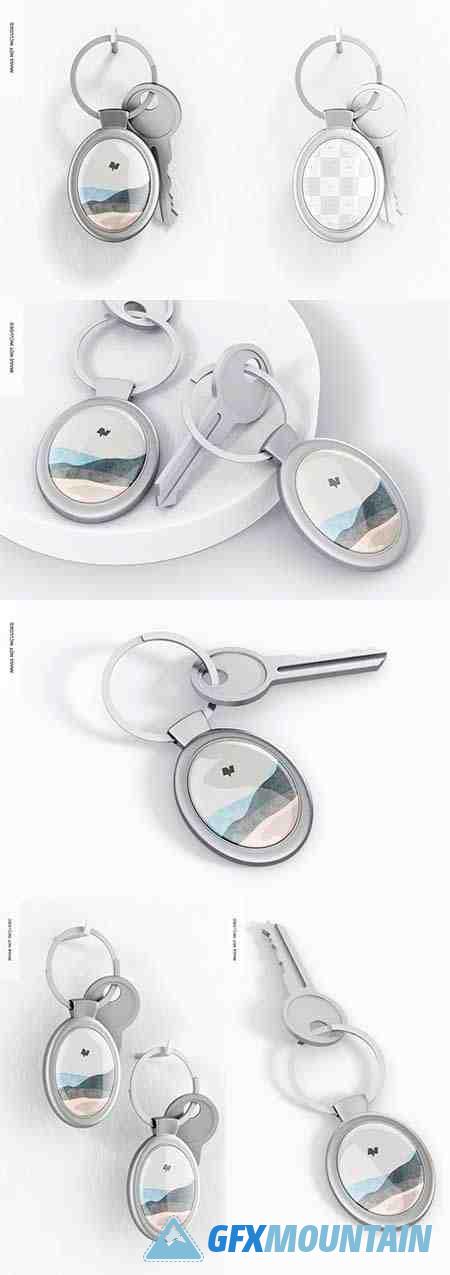 Metallic oval keychain with key mockup
