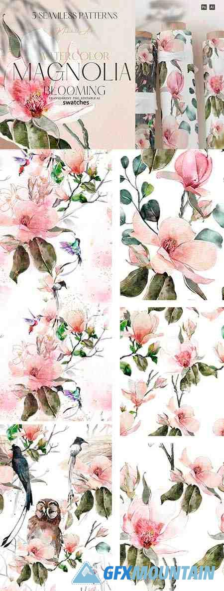 Magnolia blooming seamless patterns