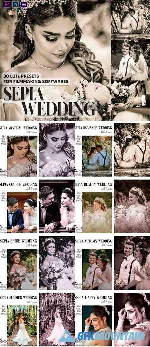 30 Sepia Wedding Video LUTs Presets, Bride Groom LUT Preset, Monochrome Filter