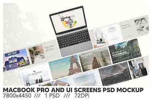 Macbook Pro and Ui Screens PSD Mockup