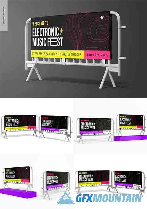 Steel fence barrier with poster mockup