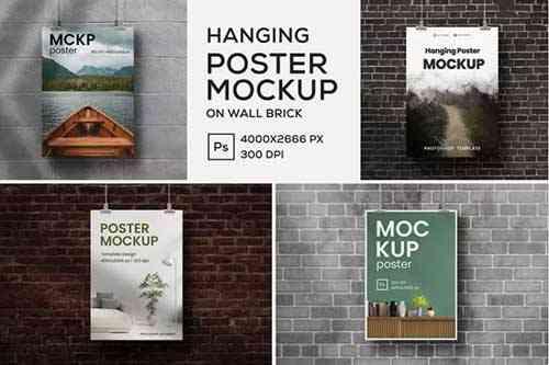Hanging Poster Mockup on Wall Brick