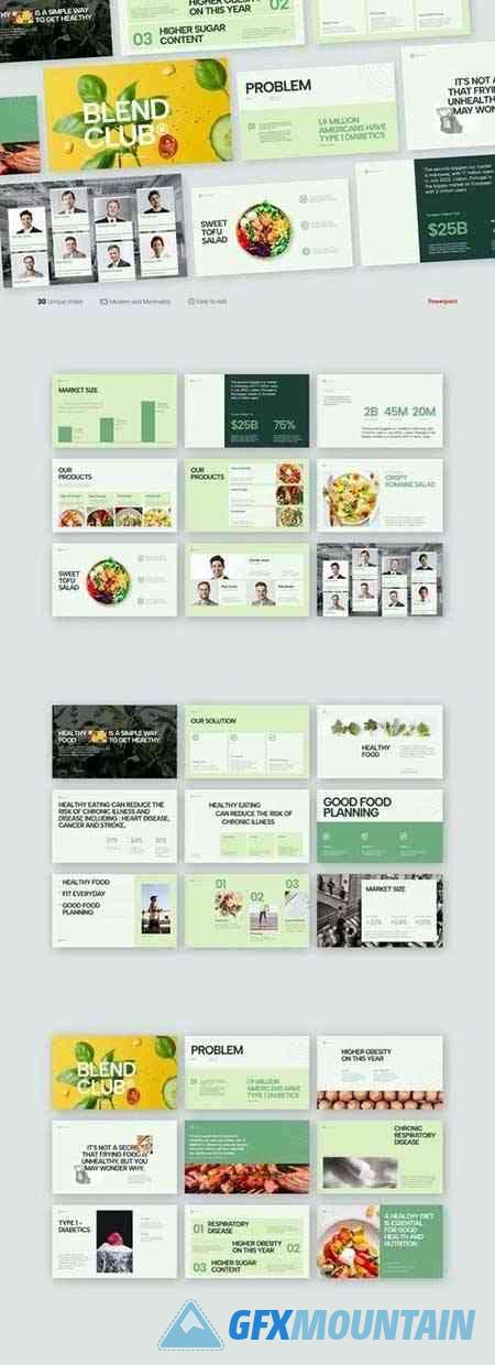 BlendClub Green Pitch Deck Healthy Food Powerpoint, Keynote and Google Slides Template