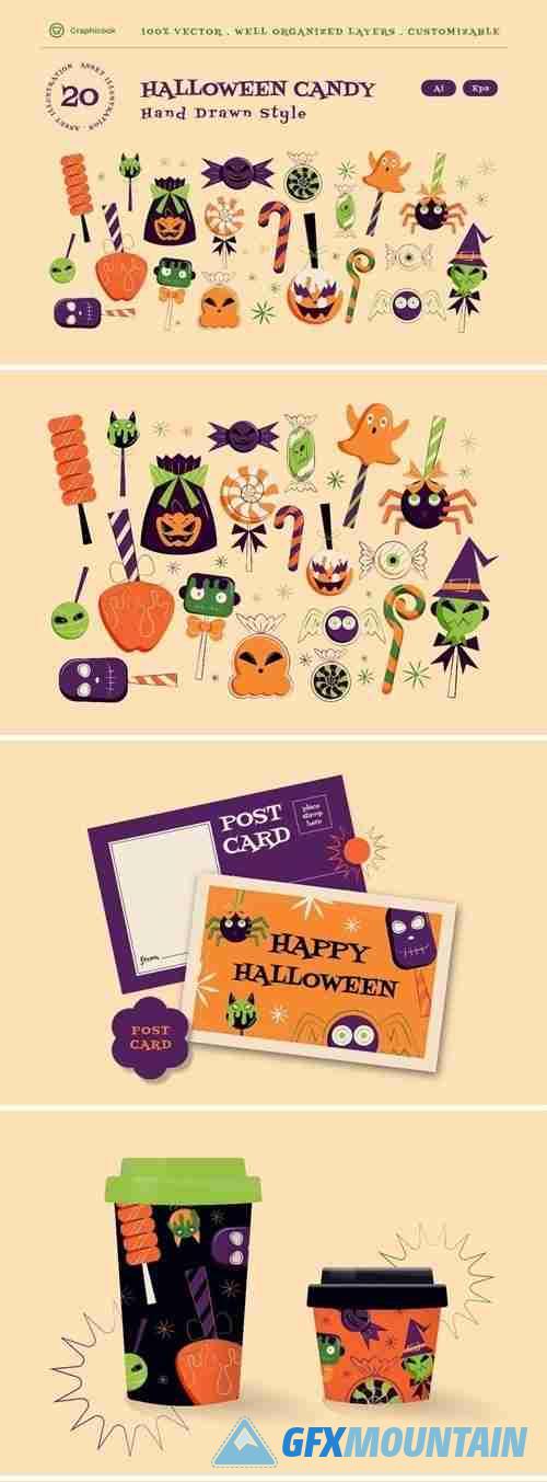 Purple Hand Drawn Halloween Candy Illustration Set