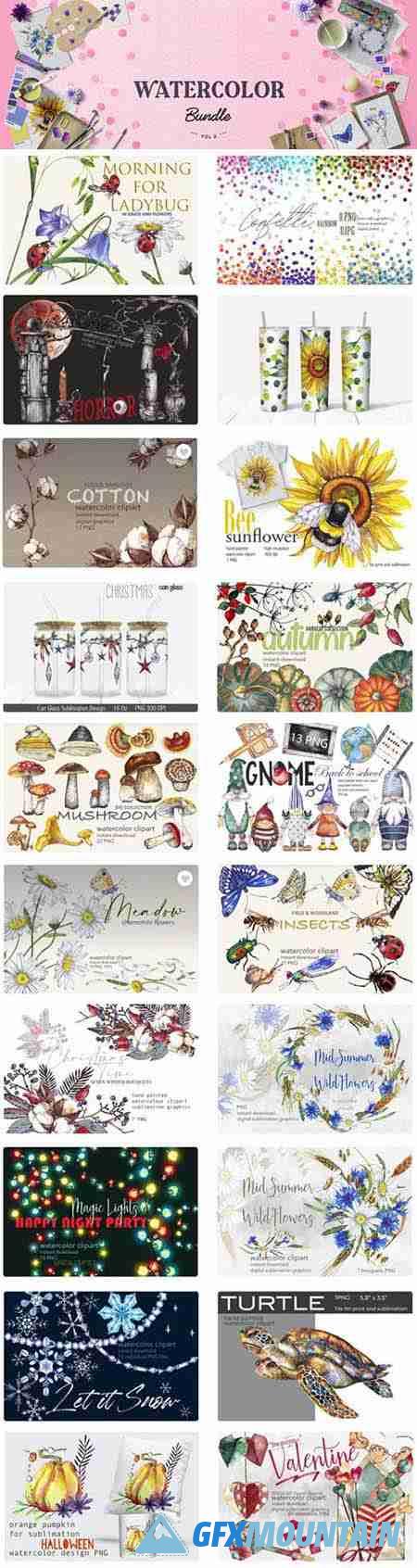 Watercolor Bundle - 20 Wonderful Designs in PNG