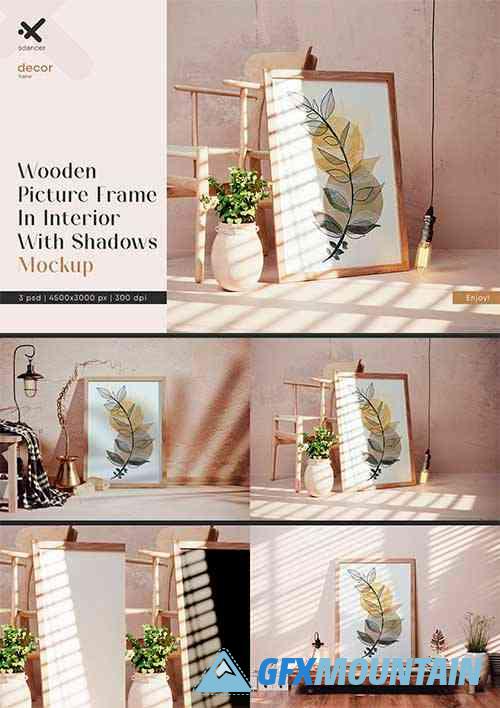 Wooden Picture Frame In Interior With Dark Shadows Mockup - 2157330