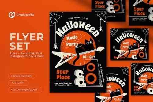 Orange Flat Design Halloween Music Party Flyer Set
