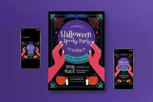 Black Modern Spooky Halloween Party Flyer Set