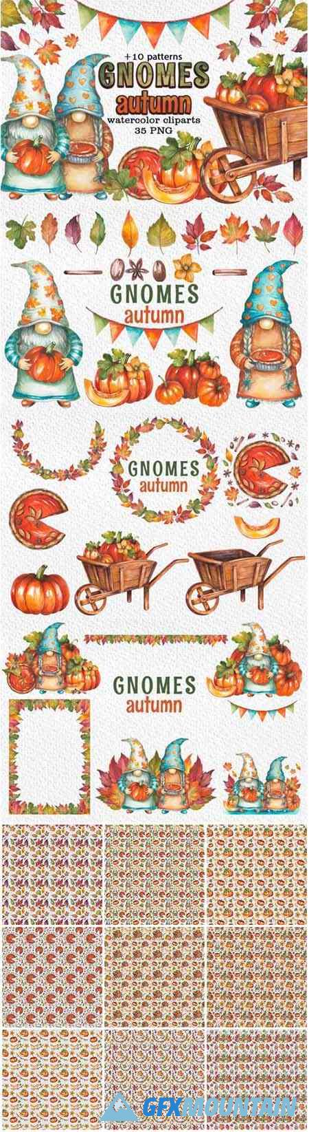 35 Watercolor Gnomes Autumn Cliparts + 10 Patterns