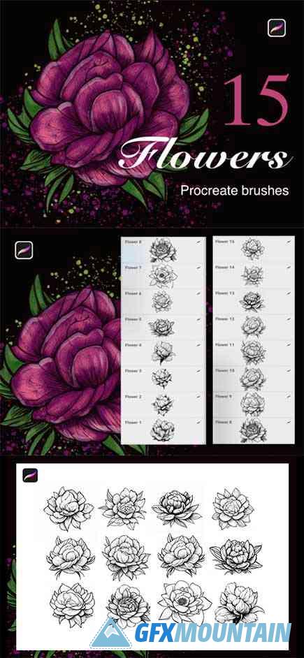 Peonies Procreate Brush Set. Floral Stamps
