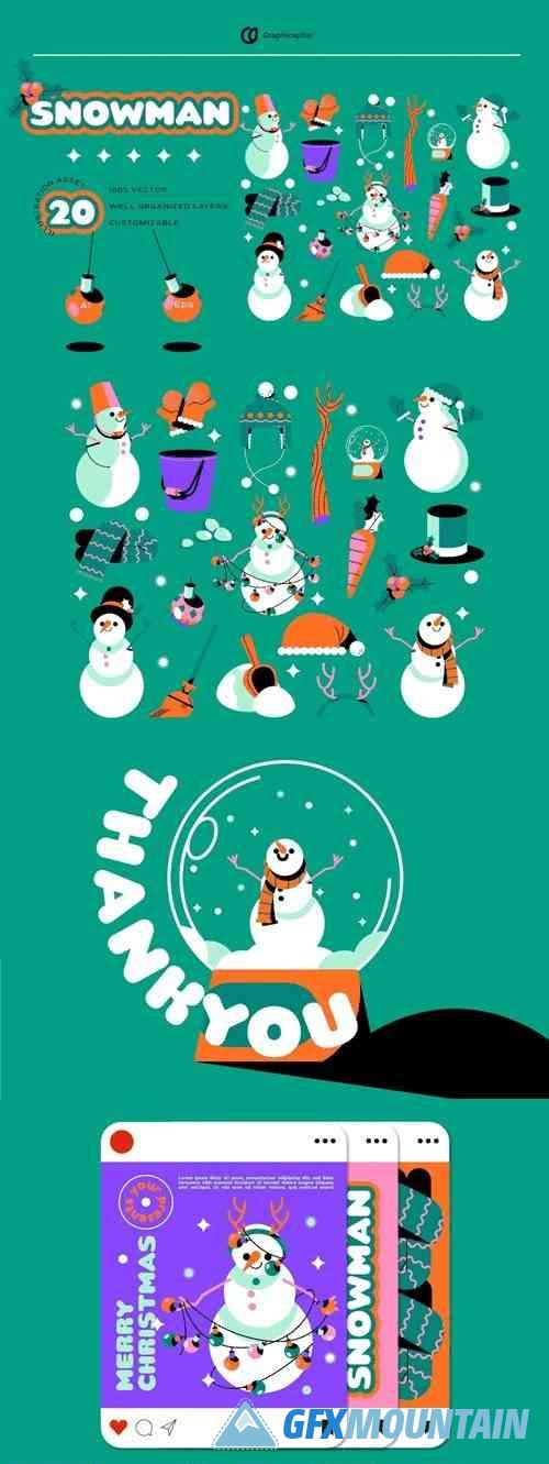 Turquoise Flat Design Snowman Illustration Set