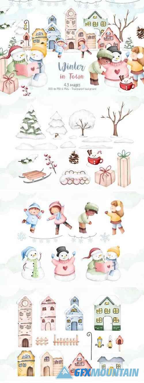 Winter in Town Watercolor Clipart